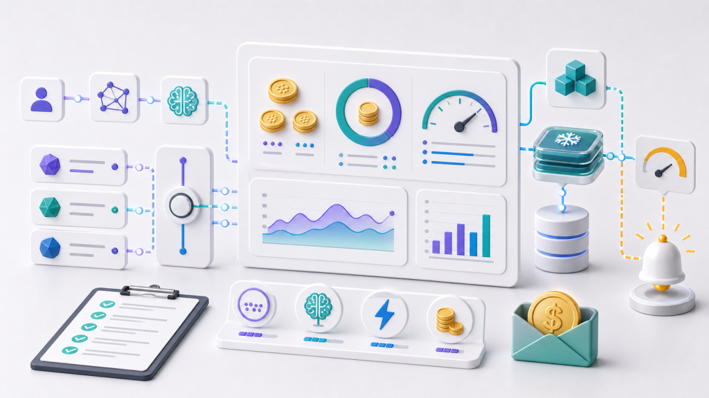 AI agent cost control dashboard with token counters, cache blocks, budget gauges, and spend alerts
