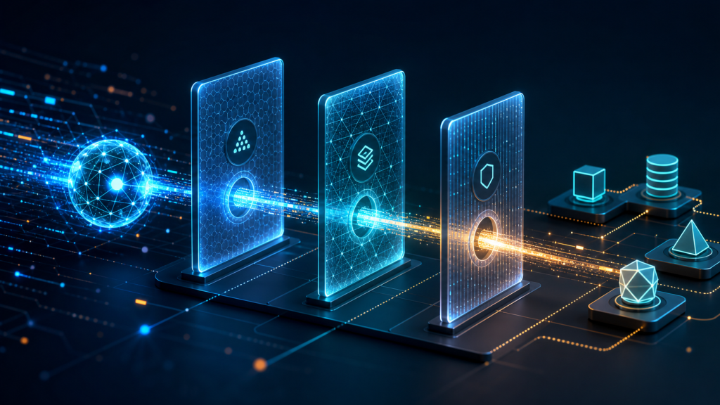 AI agent passing through layered security guardrails before accessing tools and data