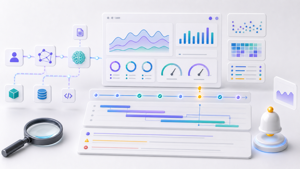 AI agent observability dashboard with traces, metrics, logs, alerts, latency gauges, and cost monitoring