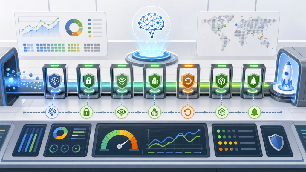 AI agent production readiness launch pipeline with evaluation, security, observability, cost, rollback, sandbox, and incident response gates