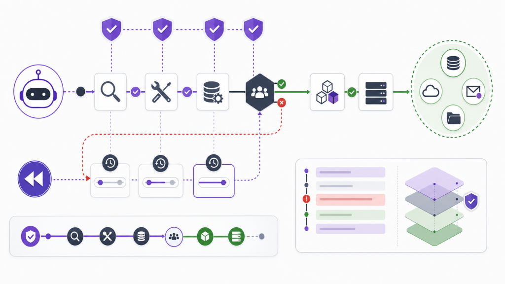 AI agent rollback architecture with checkpoints, undo controls, approval gate, audit trail, and recovery timeline