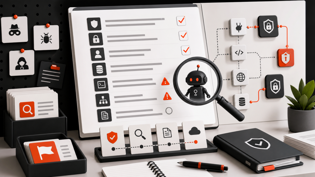 AI agent security audit checklist with risk flags, tool icons, and evidence review board