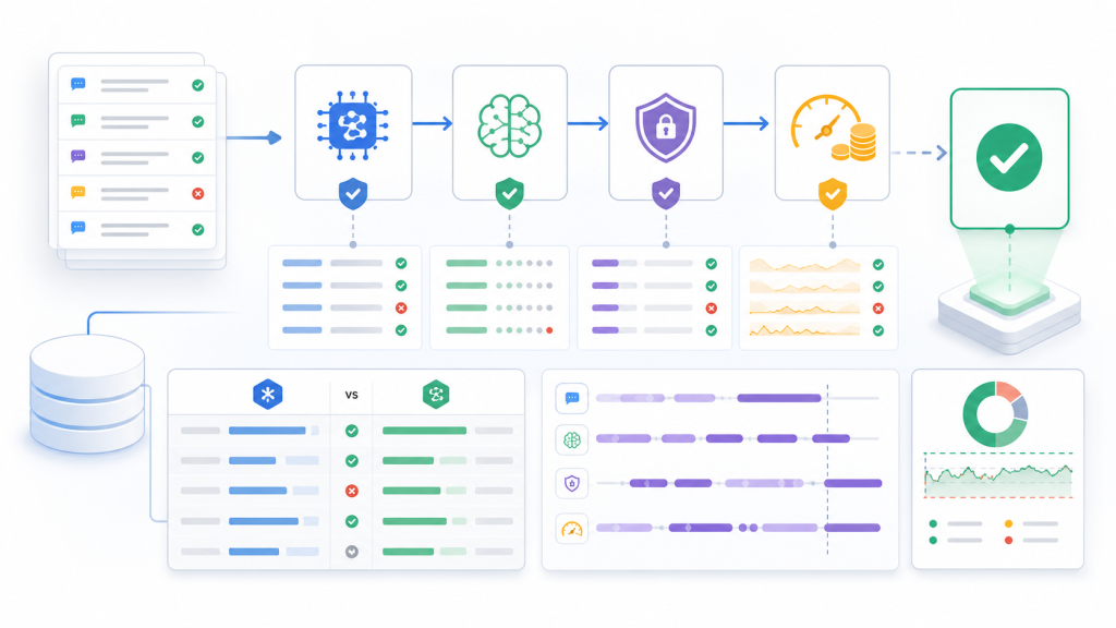 LLM regression test pipeline with datasets, evaluation gates, pass fail checks, traces, and deployment controls